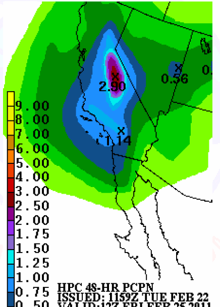 Precipitation predictions, February 25th-26th, 2011