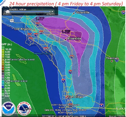 Predicted precipitation for Friday evening through Saturday afternoon