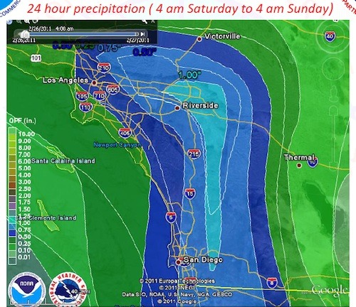 Predicted precipitation for Saturday evening through Sunday morning