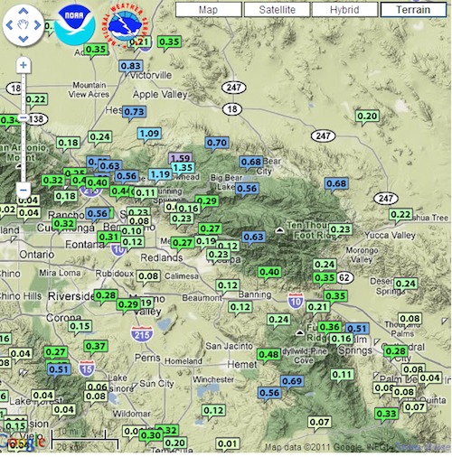 Sunday thunderstorm totals in the Inland Empire